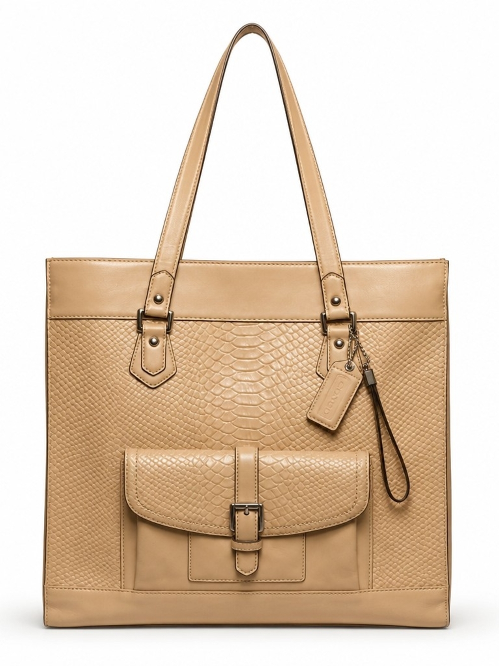 Coach Charlie Caramel Tote Bag With Embossed Python Texture And Front Pocket